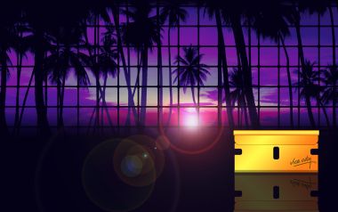 《GTA：罪恶都市》周年纪念壁纸，紫色夕阳下的棕榈树与霓虹城市