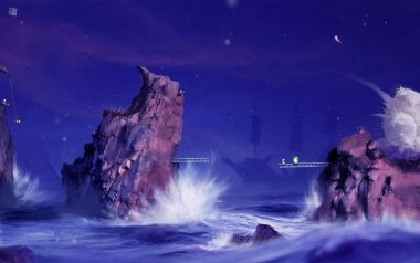 海战场景下的奇幻夜海与岩石岛屿