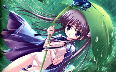 雨中持绿伞的动漫女孩「Byakuya Chakai」插画