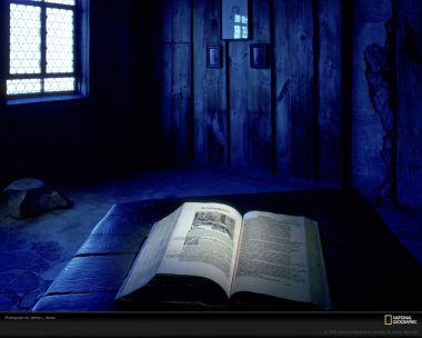 Ancient Bible In American Log Cabin Blue Light