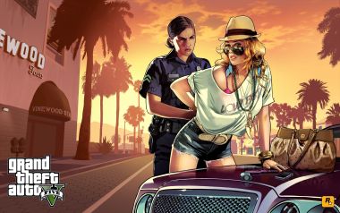 GTA V 游戏插画：警察与金发女郎的街头对峙