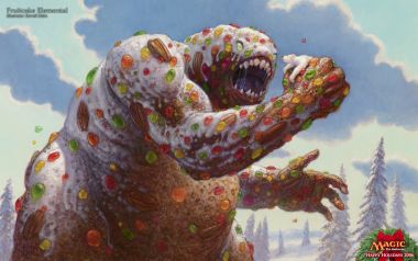 水果蛋糕元素生物在雪地中的奇幻插画