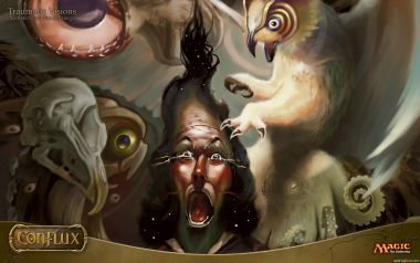 《创伤幻象》奇幻插画壁纸，展现尖叫人物与怪诞生物的恐怖场景